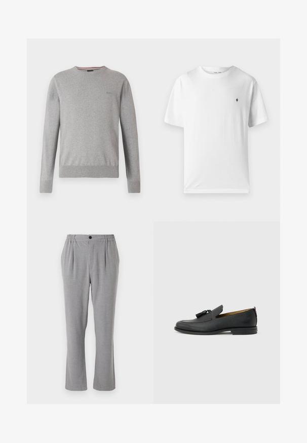 Suéter gris con cuello redondo, mangas largas, puños y dobladillo acanalados, con un logo sutil en el pecho y detalles a rayas en el cuello.; Camiseta blanca de algodón con cuello redondo, mangas cortas y un pequeño logo negro en el pecho. Textura suave, corte casual.; Pantalones grises con tejido texturizado, con cierre de botón y cintura elástica. Diseño de pierna recta con pliegues laterales.; Mocasín negro de cuero para hombre con borlas, punta redonda, tacón bajo y pestaña para tirar en la parte trasera, mostrado de perfil lateral sobre un fondo gris claro.