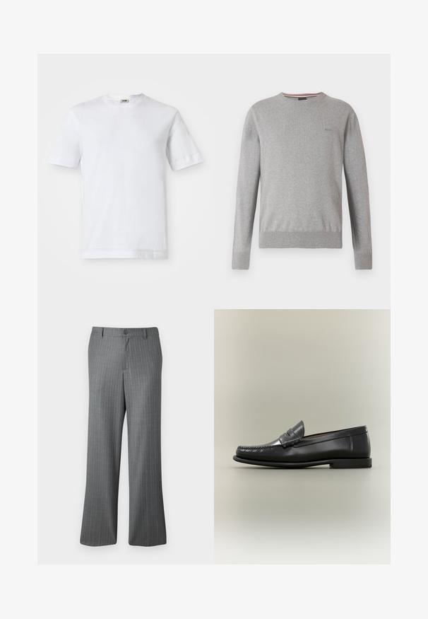 Suéter gris con cuello redondo, mangas largas, puños y dobladillo acanalados, con un logo sutil en el pecho y detalles a rayas en el cuello.; Camiseta de algodón blanca con mangas cortas, escote redondo y una textura suave. No se observan patrones ni detalles.; Pantalones de rayas grises con un ajuste relajado, que presentan un cierre de botón, pasadores para cinturón y sutiles rayas azul claro en toda su superficie.; Mocasín de hombre de cuero negro con diseño moc-toe, tira de tipo penny y tacón bajo sobre fondo neutro.