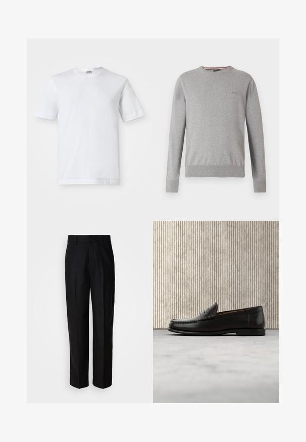 Grijze trui met een ronde hals, lange mouwen, geribbelde manchetten en zoom, met een subtiel logo op de borst en gestreepte accenten in de halslijn.; Witte katoenen t-shirt met korte mouwen, ronde hals en een soepele textuur. Geen patronen of accenten zichtbaar.; Zwarte broek van gladde stof, met een recht gesneden ontwerp, vlakke voorkant en riemlussen, weergegeven tegen een effen achtergrond.; Zwarte leren penny loafer met lage hak, afgeronde neus en gestikte details langs de voorkant en zijkanten, afgebeeld op een neutrale achtergrond.