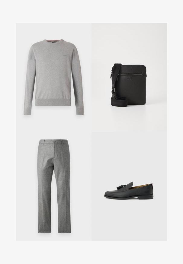 Pull gris avec col rond, manches longues, poignets et ourlet côtelés, avec un logo discret sur la poitrine et des accents rayés au niveau de l'encolure.; Pantalon gris texturé avec une coupe droite, comportant une fermeture à boutons et fermeture éclair à l'avant. Détail de motif en chevrons subtil.; Mocassin pour homme en cuir noir avec pompons, bout arrondi, petit talon et languette à l'arrière, présenté de profil sur un fond gris clair.; Sac à bandoulière en cuir noir avec une surface texturée, poche avant zippée et une sangle en tissu réglable. Design simple et carré.