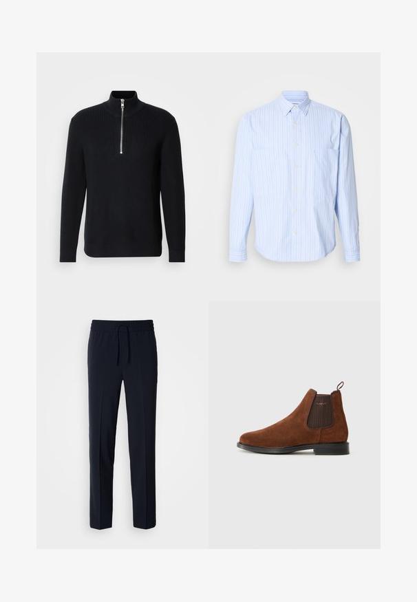 Sort, ribbet strikket sweater med høj krave og kort lynlås. Har lange ærmer og en lige kant med ribbede manchetter.; Lyseblå skjorte med knapper og lodrette striber i hvid og pastel farver, blødt bomuldsstof, to brystlommer og lange ærmer.; Marineblå, letvægtsbukser med elastisk talje og justerbar snor, med lige pasform og glat tekstur.; Brune ruskinds Chelsea-støvle med elastisk sideskilt, løkke til at trække i bagpå, sort sål og subtil "GANT" logo på sideskilt.