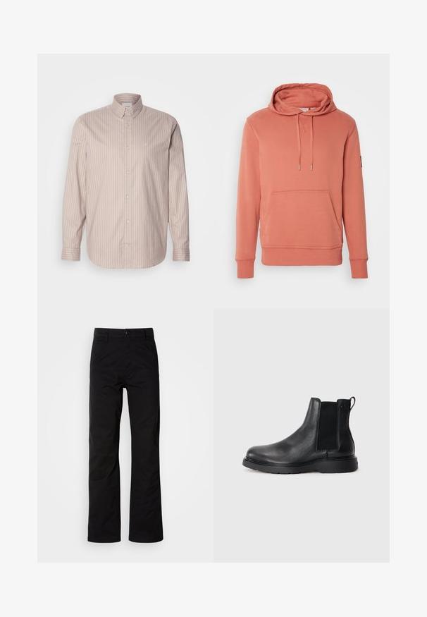 Lyserød hoodie med snor i hætten, kængurulomme, ribbede manchetter og kant. Fremstillet af blødt stof med en glat overflade.; Beige langærmet skjorte med knaplukning og hvide lodrette striber, spids krave og et lille broderet logo på brystet.; Sort bomuldsbukser med lige ben, der har knaplukning og bæltestropper. Glat tekstur og minimalistisk stil uden synlige mønstre.; Sorte læder chelsea støvler med tekstureret finish, elastiske sidepaneler og en robust gummisål. Subtil branding på hælen.