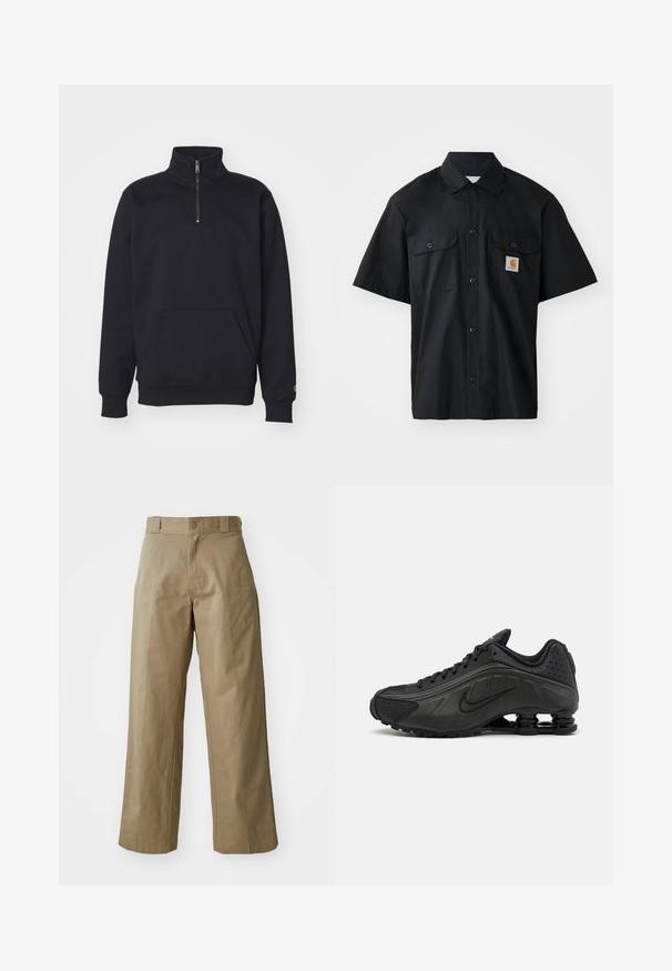 Sort fleece sweatshirt med kvart lynlås, høj krave, ribbede manchetter, kengurulomme og en lille guld logo accent på ærmet.; Sort kortærmet skjorte lavet af vævet stof, med knaplukning fortil, to brystlommer og et lille orange logo-patch.; Khaki bredde ben bukser lavet af bomuldsblandingsstof, med en enkelt knaplukning og synlige sidelommer. Glat tekstur, plisseret detalje.; Sorte løbesko med en glat syntetisk overdel, perforerede detaljer, teksturerede sidedele og en distinkt fjedrende sål.