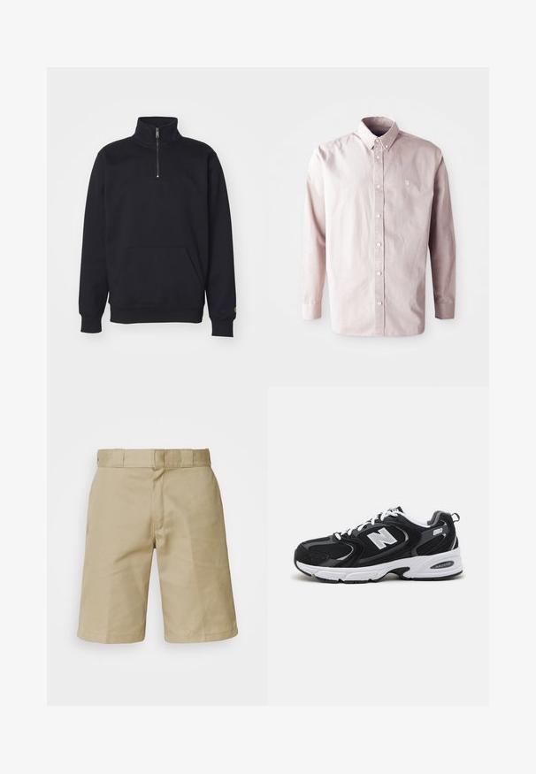 Sweatshirt noir en polaire à fermeture éclair quart, avec un col haut, des poignets côtelés, une poche kangourou et un petit logo doré sur la manche.; Chemise à manches longues rose clair à boutons, en coton, dotée d'un col classique, de boutons sur le devant et d'un petit logo sur la poitrine gauche.; Shorts khaki avec un design à l'avant plat, une taille cousue avec passants de ceinture et deux poches latérales. Fabriqués en tissu léger.; Baskets de sport noires et grises avec un tige en mesh et en suède, présentant une semelle intermédiaire blanche, des lacets et un logo "N" audacieux sur le côté.