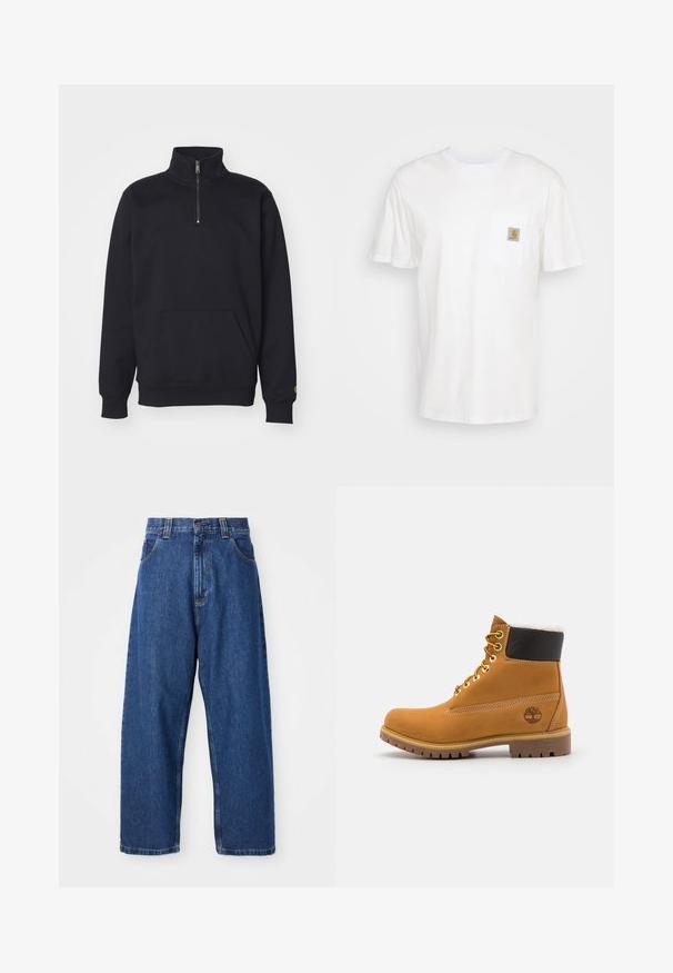Sort fleece sweatshirt med kvart lynlås, høj krave, ribbede manchetter, kengurulomme og en lille guld logo accent på ærmet.; Hvid bomulds T-shirt med korte ærmer, en brystlomme, og et lille firkantet logo patch i orange og hvid på lommen.; Denimwide-leg jeans i mørkeblå. Har høj talje, bæltestropper og klassisk fem-lommers design. Syet kant med en ren finish.; Brune læder ankelstøvle med metaløjer, hvid pelsforing, sort polstret krave, robust sål og præget logo på siden.