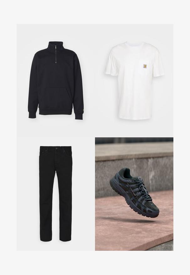 Zwarte fleece sweatshirt met een kwart rits, hoge kraag, geribde manchetten, een kangoeroezak en een kleine gouden logo-accent op de mouw.; Witte katoenen t-shirt met korte mouwen, een borstzak en een klein vierkant logo-opdruk in oranje en wit op de zak.; Zwarte rechte jeans met een knoop en rits aan de voorkant, vijf zakken ontwerp, weergegeven op een witte achtergrond.; Donkergrijze Nike hardloopschoen met mesh en synthetisch ontwerp, zwevend boven een roze betonoppervlak met een grijze stenen achtergrond.