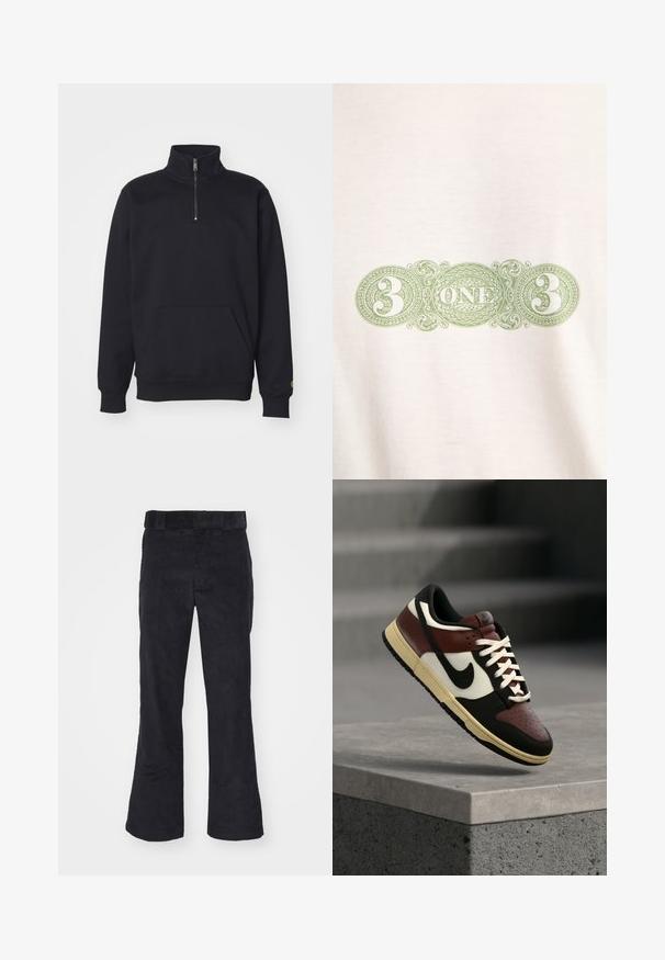 Sudadera de forro polar negra con media cremallera, cuello alto, puños acanalados, bolsillo canguro y un pequeño acento en logo dorado en la manga.; Diseño verde ornamentado con el número 3 a ambos lados y la palabra UNO en el centro sobre un fondo de tela blanca.; Pantalones de pana negros con un corte relajado, que presentan una cinturilla clásica y piernas acampanadas, textura suave y sin patrones o acentos visibles.; Zapatilla baja Nike en negro, marrón, blanco y crema, situada en el aire sobre un saliente de hormigón con escaleras en un fondo desenfocado.