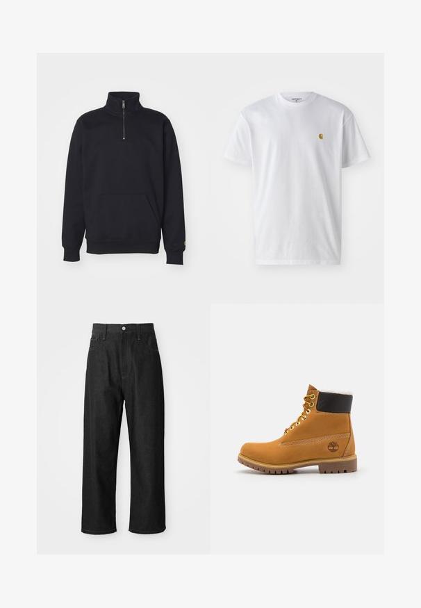 Sudadera de forro polar negra con media cremallera, cuello alto, puños acanalados, bolsillo canguro y un pequeño acento en logo dorado en la manga.; Camiseta de algodón blanca con mangas cortas, cuello redondo, que presenta un pequeño logo dorado en la parte izquierda del pecho. Textura suave y corte regular.; Pantalones de mezclilla negros con un corte relajado, cintura alta, cierre de cremallera y diseño de cinco bolsillos. Costuras visibles que realzan el diseño.; Botín de cuero marrón con ojales de metal, forro de piel sintética blanca, cuello acolchado negro, suela resistente y logotipo en relieve en el costado.