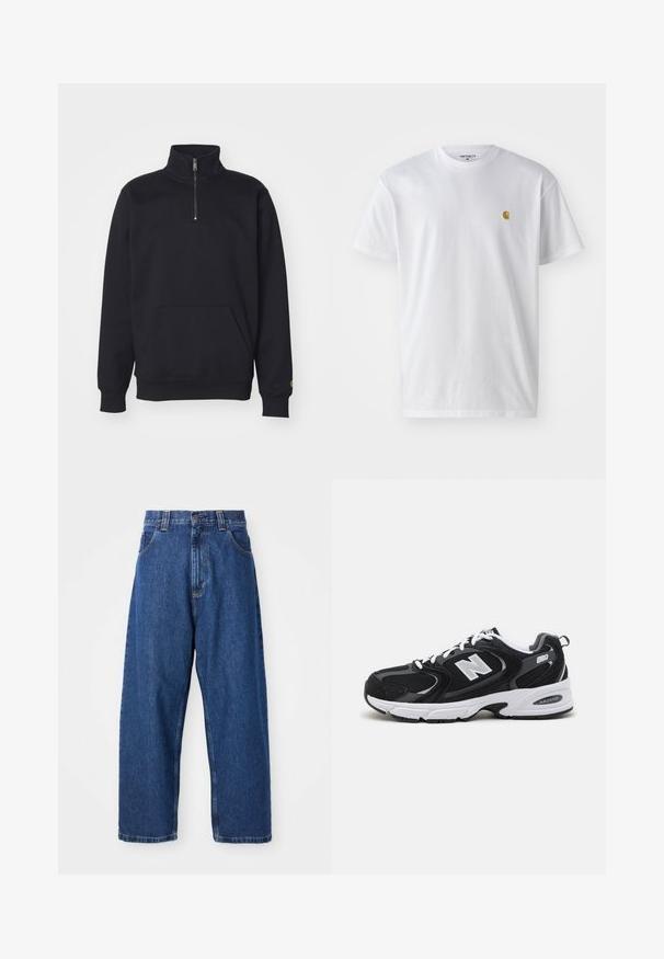 Mustat fleece-kvartzip-sweatshirt, jossa on korkea kaulus, ribattu hihansuu, kengurupussi ja pieni kultainen logo korostus hihassa.; Valkoinen puuvillapaita lyhyillä hihoilla, pyöreä kaula-aukko, jossa on pieni kultainen logo vasemmassa rintapielessä. Pehmeä kangas ja normaali istuvuus.; Tummansinisiä leveälahkeisia farkkuja. Ominaisuuksina korkea vyötärö, vyölenkit ja klassinen viisi taskua -design. Ompelettu helma siistillä viimeistelyllä.; Mustat ja harmaat urheilukengät, joissa on verkkokangas- ja keinonahka päällyste, valkoinen välipohja, nauhat sekä rohkea "N"-logo sivussa.
