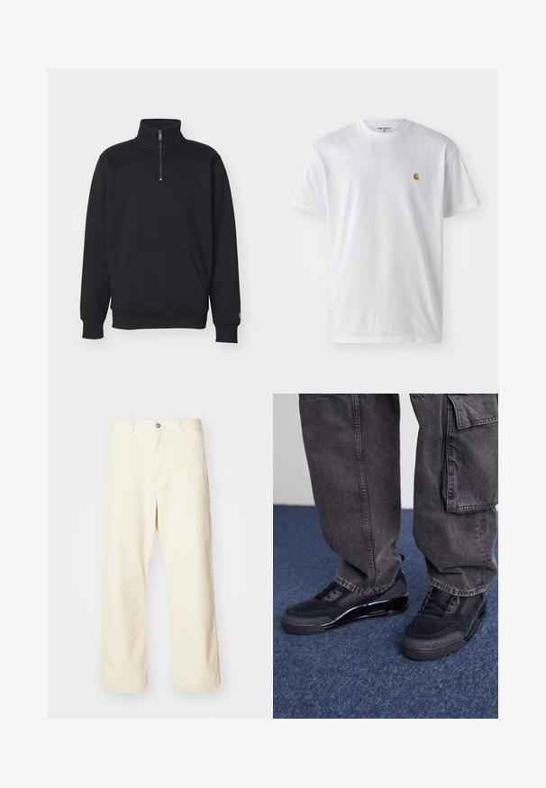 Sort fleece sweatshirt med kvart lynlås, høj krave, ribbede manchetter, kengurulomme og en lille guld logo accent på ærmet.; Hvid bomulds t-shirt med korte ærmer, rund hals og et lille guld logo på venstre brystområde. Blød tekstur og almindelig pasform.; Cremefarvede bukser med vidde, lavet af bomuld med knaplukning, bæltestropper og syet kant. Glat tekstur, ingen synlige mønstre.; Sorte sportsko med en struktureret overflade, glatte detaljer og en kraftig sål, der er parret med mørke, løstsiddende cargo-bukser.