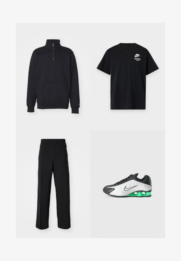 Čierna flísová mikina s krátkym zipsom, vysokým golierom, rebrovanými manžetami, klokankovým vreckom a malým zlatým logom na rukáve.; Čierne tričko Nike s krátkym rukávom, s bielym textom "Authorized Personnel Only" a logom na hornej ľavej časti hrude.; Čierne tepláky so voľným strihom, ktoré majú červené akcenty a vrecká po stranách. Materiál vyzerá mäkko a má hladkú textúru.; Čierno-biela športová obuv s zelenými akcentmi, s elegantným dizajnom, štruktúrovaným zvrškom a charakteristickou segmentovanou podrážkou.