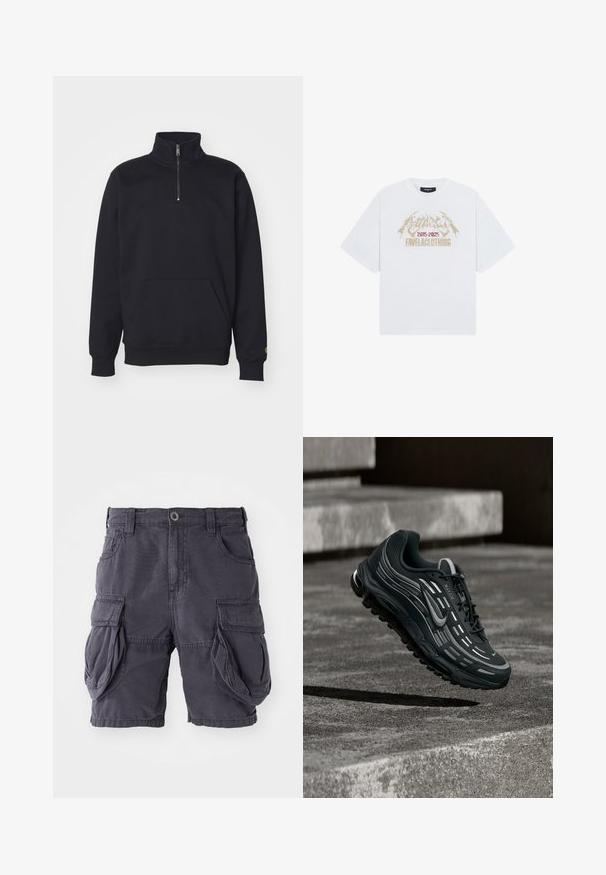 Sweatshirt noir en polaire à fermeture éclair quart, avec un col haut, des poignets côtelés, une poche kangourou et un petit logo doré sur la manche.; T-shirt blanc à manches courtes avec texte graphique doré et rouge indiquant « 2015-2025 Favelaclothing » au centre devant.; Shorts cargo en coton gris foncé, avec une coupe classique, plusieurs poches latérales et une fermeture à bouton à l'avant. Texture lisse.; Baskets Nike Air Max noires et grises flottant au-dessus de marches en béton gris avec un fond de sol texturé.
