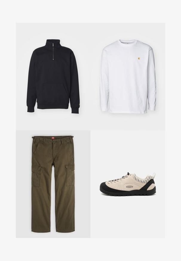 Zwarte fleece sweatshirt met een kwart rits, hoge kraag, geribde manchetten, een kangoeroezak en een kleine gouden logo-accent op de mouw.; Witte lange mouwen t-shirt van katoen. Voorzien van een klein gouden logo op de borst en een ronde hals. Eenvoudig ontwerp en standaard pasvorm.; Olivengroene cargobroek met rechte pijpen, zijflapzakken, schuine voorzakken, riemlussen en knoopsluiting.; Beige suède schoen met zwarte rubberen neuzen en zool, voorzien van een vetersluiting en ademende mesh accenten op de hiel.
