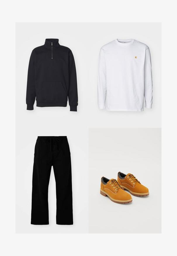 Sudadera de forro polar negra con media cremallera, cuello alto, puños acanalados, bolsillo canguro y un pequeño acento en logo dorado en la manga.; Camiseta de manga larga blanca de algodón. Cuenta con un pequeño logo dorado en el pecho y un cuello redondo. Diseño simple y corte estándar.; Pantalones negros de cintura elástica con cordón ajustable, de piernas anchas y textura de algodón suave. Sin patrones visibles ni detalles de hardware.; Zapatos de ante marrón con punta redonda, cordones amarillos, un collar acolchado negro y suelas de goma con surcos de tracción.
