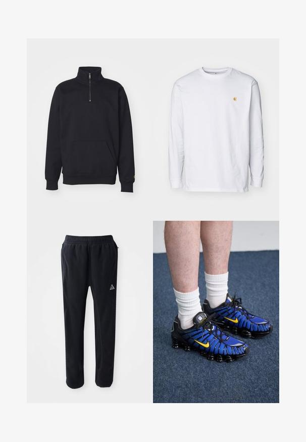 Sort fleece sweatshirt med kvart lynlås, høj krave, ribbede manchetter, kengurulomme og en lille guld logo accent på ærmet.; Hvid langærmet t-shirt lavet af bomuld. Har et lille gyldent logo på brystet og en rund halsudskæring. Enkel design og standard pasform.; Sorte atletiske bukser i et blødt, tekstureret materiale, med en elastisk talje, sidelommer og et trekantet logo-accent på låret.; Blå og sorte sportssko har et mesh-design, gule accenter og en segmenteret sål. Bæres med hvide ankelstrømper.