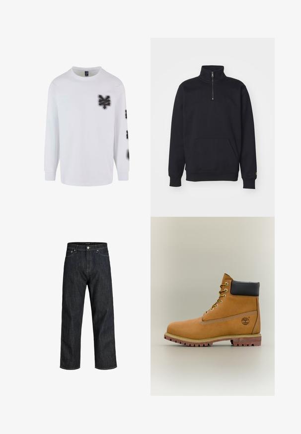 Sweatshirt noir en polaire à fermeture éclair quart, avec un col haut, des poignets côtelés, une poche kangourou et un petit logo doré sur la manche.; T-shirt à manches longues blanc en coton, avec des graphiques style peinture en spray noire sur la poitrine gauche et la manche. Design classique à col rond.; Jean en denim foncé avec une coupe droite, doté d'une fermeture à boutons et de coutures minimales. Le tissu présente une apparence lisse et texturée.; Bottine en cuir marron avec col noir, lacets jaunes et semelle beige. Présente un logo et des détails de couture blanche. Semelle extérieure à traction robuste.