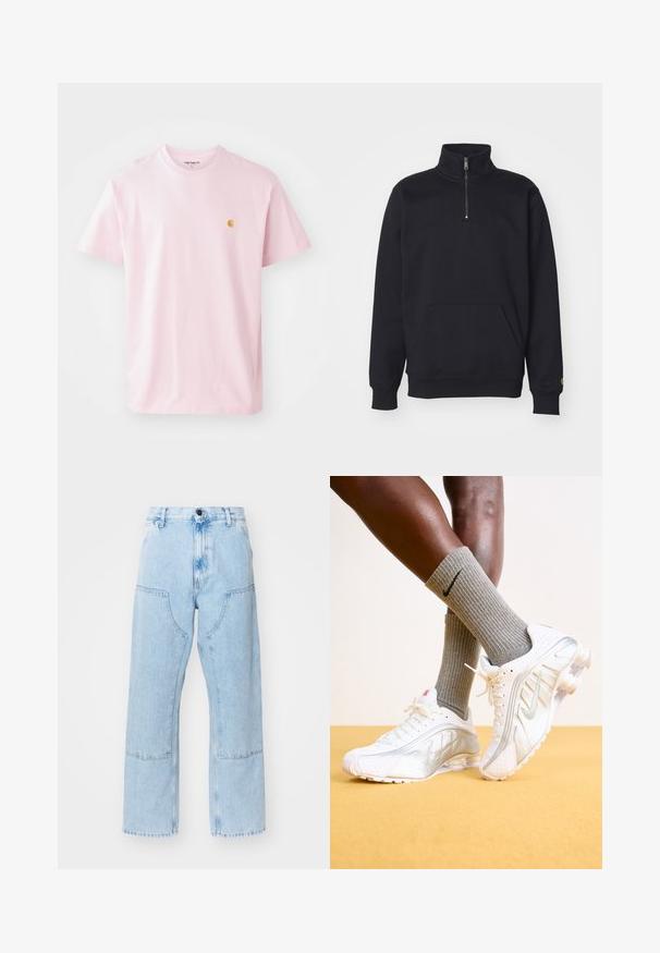Mustat fleece-kvartzip-sweatshirt, jossa on korkea kaulus, ribattu hihansuu, kengurupussi ja pieni kultainen logo korostus hihassa.; Vaaleanpunainen puuvillapaita, jossa on lyhyet hihat, pyöreä kaula-aukko ja pieni keltainen logo vasemmassa rinnassa. Sileä materiaali, rento istuvuus.; Vaaleansiniset, suoralahkeiset farkut, joissa on isot etutaskut ja kontrastivärinen tikkaus. Kangas on haalistunut ja pehmeä tekstuuri.; Nike-kengät valkoisina hopeisilla yksityiskohdilla, joissa on teksturoituja pintoja ja reikiä. Yhdistettynä harmaisiin ribbikotivillasukkasiin keltapohjaista taustaa vasten.