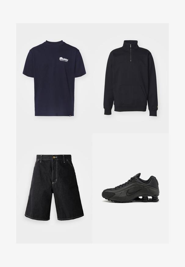 Mustat fleece-kvartzip-sweatshirt, jossa on korkea kaulus, ribattu hihansuu, kengurupussi ja pieni kultainen logo korostus hihassa.; Laivansinisestä puuvillasta valmistettu pyöreäkaartola T-paita, jonka vasemmassa rinnassa on valkoinen "Dickies Workwear Company" -logo. T-paidassa on lyhyet hihat ja rento leikkaus.; Mustat farkkushortsit, joissa on löysä malli, viisi taskua ja kontrastivalkoiset tikkaukset. Napitus vyötäröllä.; Mustat juoksukengät, joissa on sileä synteettinen päällinen, rei'itetyt yksityiskohdat, teksturoidut sivupaneelit ja erottuva joustava pohja.