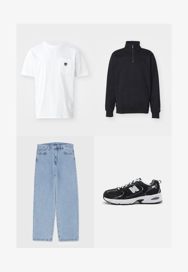 Sudadera de forro polar negra con media cremallera, cuello alto, puños acanalados, bolsillo canguro y un pequeño acento en logo dorado en la manga.; Camiseta blanca de algodón con cuello redondo y mangas cortas, que presenta un pequeño logo de bolsillo en forma de corazón negro. Diseño sencillo, corte estándar.; Jean de mezclilla azul claro con diseño de pierna recta, con una cintura de altura media, cinco bolsillos y un cierre de botón y cremallera.; Zapatillas deportivas en negro y gris con parte superior de malla y ante, que cuentan con una entresuela blanca, cordones y un llamativo logo "N" en el lateral.