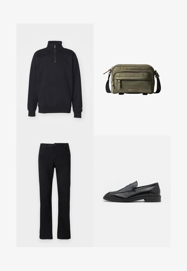 Mustat fleece-kvartzip-sweatshirt, jossa on korkea kaulus, ribattu hihansuu, kengurupussi ja pieni kultainen logo korostus hihassa.; Mustat suorat farkut, jotka on valmistettu denimistä. Varustettu vetoketjulla, viidellä taskulla ja hillityllä ompelutyöllä. Littee vyötärö, jossa on vyölenkki.; Musta nahkakengät, joissa on sileä pinta, pyöristetty varvas ja kapea nauha päällä. Matala paksu kanta.; Oliivinvihreä Calvin Kleinin olkalaukku, jossa on useita vetoketjullisia lokeroita ja säädettävä musta hihna.