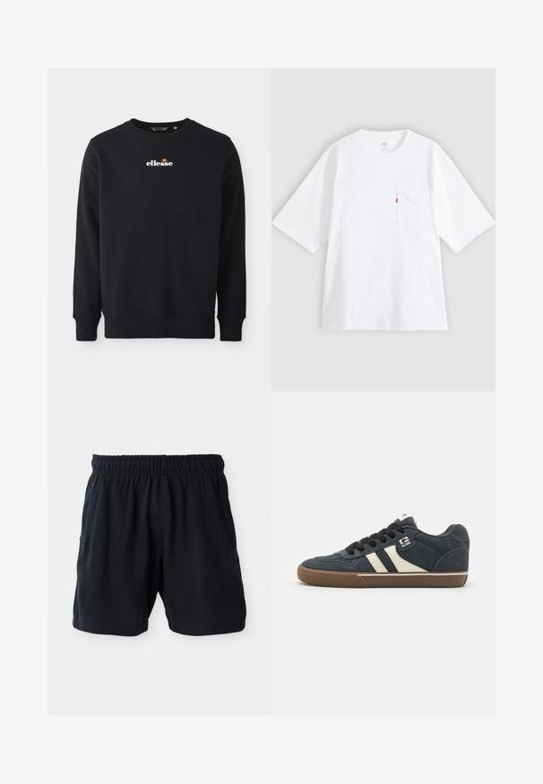 Navy blauwe sweatshirt gemaakt van een katoenmix. Heeft een ronde hals, lange mouwen en een wit "ellesse" logo op de borst.; Wit katoenen T-shirt met korte mouwen, ronde hals en een borstzak aan de linkerkant. Heeft een klein rood logotagje op de zak.; Zwarte sportshorts van zachte stof, met een elastische tailleband en twee zijzakken voor gemak.; Donkerblauwe suède sneaker met crèmekleurige stripes, zwarte veters en een bruine rubberen zool. Heeft een gevoerde kraag en een logo op de zijkant.