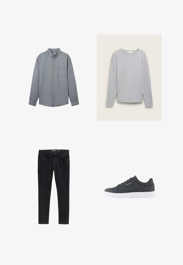 Grå langærmet sweater lavet af ribbet stof. Har en rund halsudskæring og slidser i siden ved kanten for en afslappet pasform.; Grå skjorte med knapper foran, lange ærmer, krave, en enkelt brystlomme og et struktureret stof. Fastgjort med synlige knapper ned foran.; Slim-fit sorte denim jeans med en glat tekstur, forlommer og lynlås. Slidte detaljer nær lårene forbedrer designet.; Sort lavt snøresko med hvid sål, snørelukning foran og diskret "Tom Tailor"-branding på siden og tungespidsen.