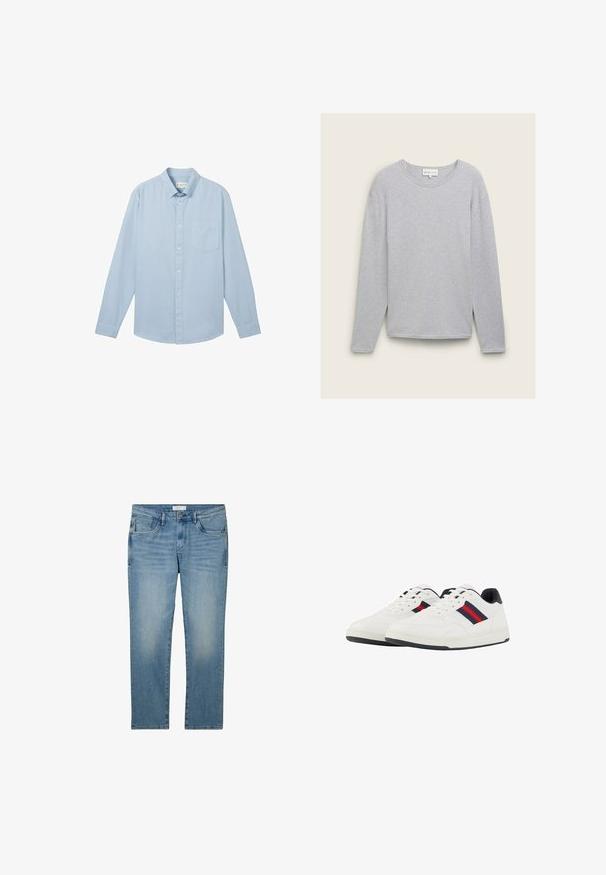 Grå langærmet sweater lavet af ribbet stof. Har en rund halsudskæring og slidser i siden ved kanten for en afslappet pasform.; Lyseblå langærmet skjorte lavet af stof med et struktureret mønster, med en button-down krave og en enkelt brystlomme.; Blå denimjeans med lige ben-design, der har fem lommer og en falmet finish. Stoffet har en glat tekstur og let stræk.; TOM TAILOR Sneakers - white navy