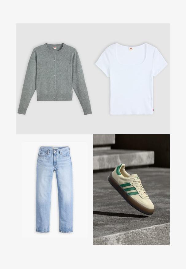 Grijze, lange mouwen cardigan gemaakt van een zachte wolmix, met een ronde hals, knoopsluiting en ribgebreide zoom en manchetten.; Witte korte mouwtop met een vierkante halslijn, gemaakt van ribbelstructuur stof. Heeft een klein rood logo etiket aan de onderkant aan de linkerkant.; Lichtblauwe denim jeans met een rechte pijp, vijf zakken en een middelhoge taille. Heeft een vervaagde textuur en een gestikte zoom.; Crèmekleurige sneaker met groene accenten, drie groene strepen, een textuurrubberzool en een klassiek veterontwerp. "Samba"-logo aan de zijkant.