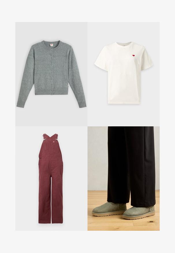 Grauer, langärmeliger Cardigan aus weichem Wollmix, mit rundem Halsausschnitt, Knopfverschluss sowie geripptem Saum und Bündchen.; Schlichtes weißes T-Shirt mit kurzen Ärmeln und einem kleinen roten Herz, das auf der linken Brust eingestickt ist.; Burgunderfarbene Latzhose aus Baumwolle, mit Kreuzträgern, Fronttaschen und Akzenten aus Metallbeschlägen. Glatte Textur und lässige Passform.; Grüne Wildleder-Stiefeletten mit runder Spitze und Gummisohle, kombiniert mit lockeren schwarzen Hosen, auf einem Holzfußboden.