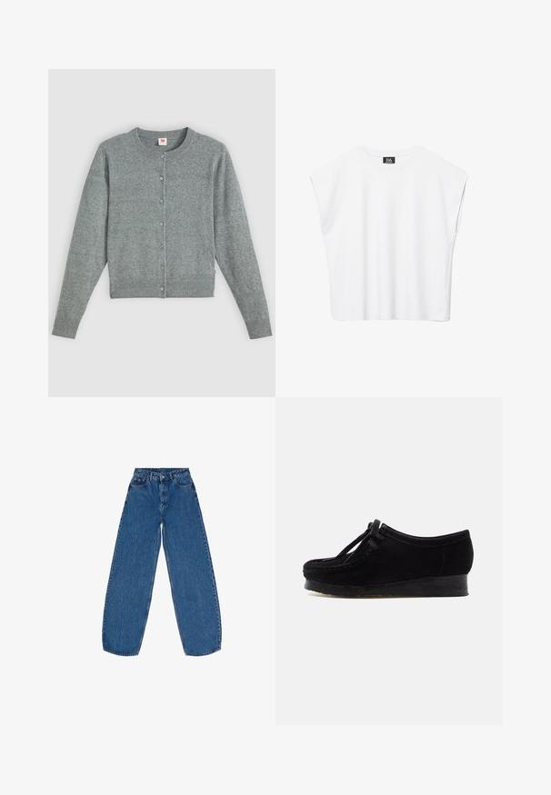 Grå, langærmet cardigan lavet af blødt uld-blanding, med rund hals, knappelukning og ribbet kant og manchetter.; Hvid ærmeløs crop top med rund halsudskæring, brede skuldre og sort "B6"-label indvendigt i kraven.; Blå denimjeans med løs pasform, høj talje, lige ben og traditionelt fem-lomme design med knaplukning.; Sort ruskindssko med rund tå, forstærket syning og snøredetalje. Har en lav kile sål i gummi for ekstra komfort.