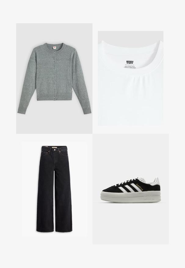 Grauer, langärmeliger Cardigan aus weichem Wollmix, mit rundem Halsausschnitt, Knopfverschluss sowie geripptem Saum und Bündchen.; Weißes T-Shirt mit Rundhalsausschnitt und Levi's Markenlabel, das innen am Kragen eingenäht ist, hergestellt in Bangladesch.; Schwarze weite Jeans aus Denim mit fünf Taschen, Kupferrivets und einem klassischen Knopfverschluss. Glatte Textur mit einem klaren Design.; Schwarze Wildleder-Sneaker mit weißen Lederakzenten, drei weißen Streifen, flachen Schnürsenkeln und einer dicken grauen Plateausohle. Goldenes "Gazelle"-Branding.
