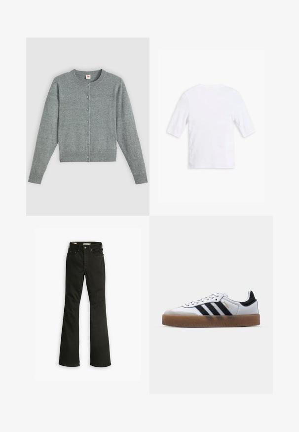 Cardigan gris à manches longues en mélange de laine douce, avec un col rond, une fermeture à boutons et des bords côtes au niveau de l'ourlet et des manches.; T-shirt en coton blanc avec des manches courtes, un col rond et une texture lisse. Aucun motif ou embellissement visible.; Jeans évasés noirs en denim. Comprend un design classique à cinq poches avec une fermeture éclair, une couture robuste et un ourlet propre.; Baskets en cuir blanc avec des rayures noires, semelle extérieure en caoutchouc beige, bout rond, fermeture lacée et embout en suède gris doux.