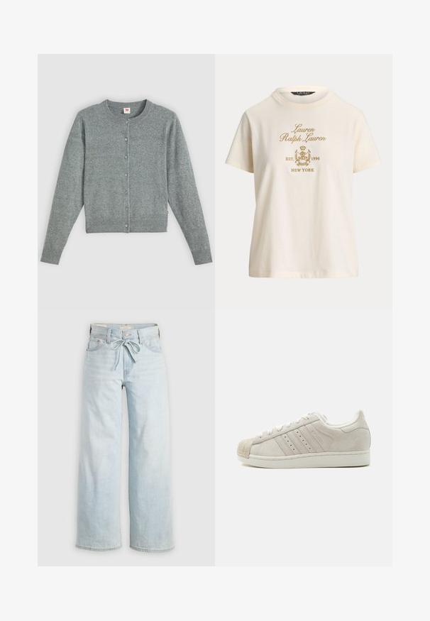 Cardigan gris de manga larga hecho de una suave mezcla de lana, con cuello redondo, cierre de botones y dobladillo y puños acanalados.; Camiseta de manga corta color crema con texto "Lauren Ralph Lauren EST. 1996 New York" bordado en dorado y escudo en el frente.; Jeans de tiro alto de color azul claro, de pierna ancha, con lazo en la parte delantera, diseño clásico de cinco bolsillos y un sutil detalle de desgaste en las piernas. Material de denim.; Zapatilla baja de ante en color marfil con cordones tono sobre tono, tres rayas laterales con perforaciones y punta de goma texturizada.