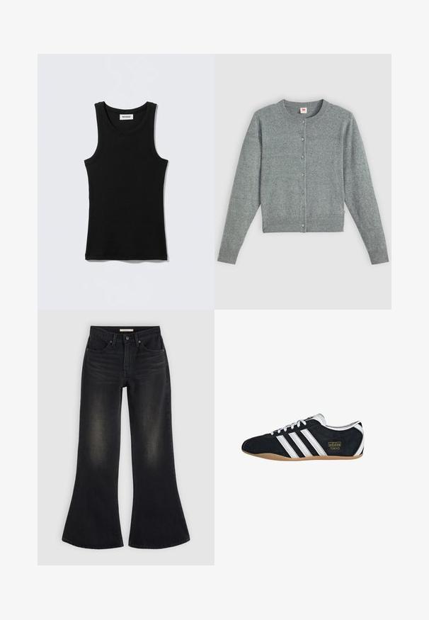 Cardigan gris à manches longues en mélange de laine douce, avec un col rond, une fermeture à boutons et des bords côtes au niveau de l'ourlet et des manches.; Débardeur noir en coton, avec un col rond et des bretelles étroites. Design simple, sans motifs ni accents visibles.; Jean noir à jambes larges avec poches avant, passants de ceinture et ombrage estompé sur les cuisses et les genoux, posé à plat sur un fond clair.; Sneakers en suede noir avec trois bandes blanches, logo doré et semelle en caoutchouc marron. Présente un design à lacets à profil bas.