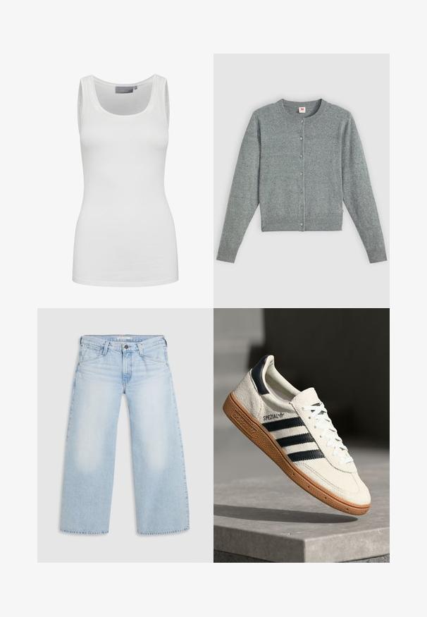 Cardigan gris à manches longues en mélange de laine douce, avec un col rond, une fermeture à boutons et des bords côtes au niveau de l'ourlet et des manches.; Débardeur blanc en tissu doux et extensible avec un col rond et des bretelles étroites. Caractéristiques d'une texture lisse et d'une coupe ajustée.; Jean large bleu clair en denim. Présente une coupe droite, un design à cinq poches et une fermeture par bouton à la taille.; Baskets en daim blanc avec des bandes navy, semelle en caoutchouc gomme, tige texturée, bout rond et lacets ; arbore un logo sur le côté et sur la languette.