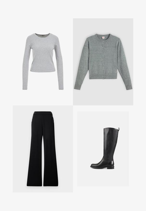Grijze, lange mouwen cardigan gemaakt van een zachte wolmix, met een ronde hals, knoopsluiting en ribgebreide zoom en manchetten.; Grijze langwerpige shirt met lange mouwen, gemaakt van een gestructureerde katoenen mix, met een ronde halslijn en een aangesloten pasvorm. Geen zichtbare patronen of versieringen.; Zwarte wijde broek met hoge taille en decoratieve knopen langs de bovenste zijnaad, weergegeven op een witte achtergrond.; Kniehoge zwarte leren laarzen met een gladde afwerking, ronde neus, lage hak en een trekkoord aan de achterkant. Minimalistisch ontwerp zonder zichtbare patronen.