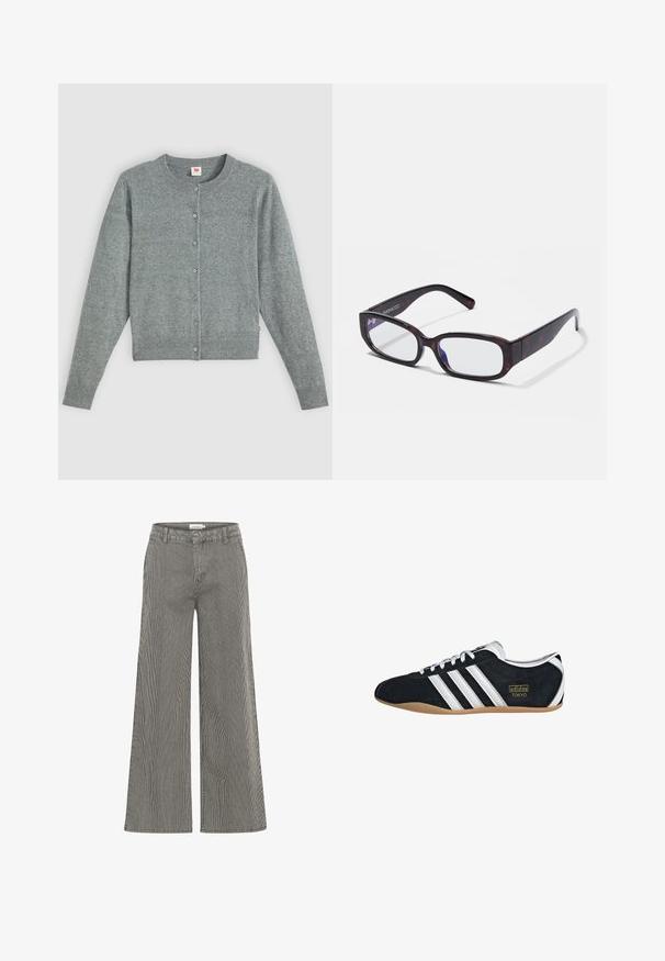 Cardigan gris à manches longues en mélange de laine douce, avec un col rond, une fermeture à boutons et des bords côtes au niveau de l'ourlet et des manches.; Pantalons large à rayures noires et blanches avec une taille haute, présentant des passants de ceinture et une texture lisse. Convient pour une tenue décontractée ou formelle.; Sneakers en suede noir avec trois bandes blanches, logo doré et semelle en caoutchouc marron. Présente un design à lacets à profil bas.; Lunettes rectangulaires en écaille de tortue brune avec des verres transparents et des branches épurées, présentant une texture lisse et un design minimaliste.