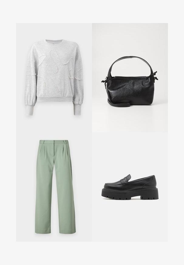 Lys grå langærmet sweatshirt med ribbede manchetter og kant, dekoreret med bølgende perleperle mønstre på fronten og ærmerne.; Grønne skræddersyede bukser lavet af glat stof. Har et lige ben-design, pressefolder foran og sidelommer.; Sorte læder loafers med en lav, grov gummi sål, syede detaljer på overdelen og en glat overflade.; Sort læderhåndtaske med et struktureret design, rund tophåndtag og aftagelig skulderrem. Den har en glat tekstur og en subtil glans.