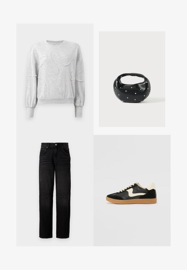 Lys grå langærmet sweatshirt med ribbede manchetter og kant, dekoreret med bølgende perleperle mønstre på fronten og ærmerne.; Sorte denimjeans med lige ben, fem lommer, knaplukning og subtile falmede detaljer ved lårene og knæene.; Sorte ruskinds- og lædersneakers med en cremefarvet side-swoosh og lys cremefarvet hæl. Har beige snørebånd og en gummirubber-sål.; Sort læderhåndtaske med en rundet form, dekoreret med sølvnitter, og et kort håndtag. Glat tekstur og lynlåslukning.