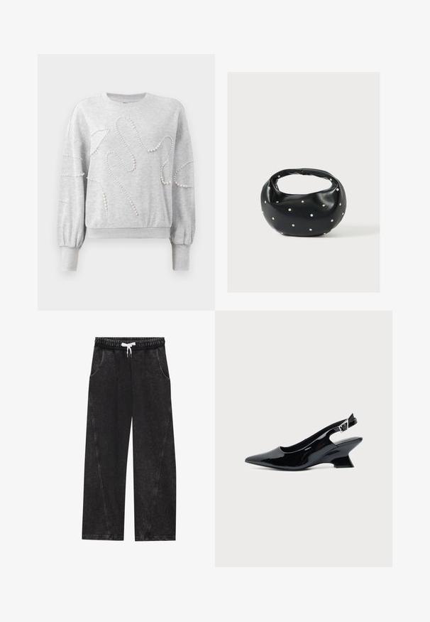 Sudadera de manga larga en gris claro con puños y dobladillo acanalados, decorada con patrones de cuentas de perlas curvos en la parte delantera y en las mangas.; Pantalones anchos y negros hechos de una tela texturizada. Presentan una cinturilla elástica con un cordón blanco y bolsillos frontales con costuras diagonales.; Zapato slingback de cuero charol negro con puntera puntiaguda y tacón bajo en bloque inclinado sobre fondo claro liso.; Bolso de mano de cuero negro con forma redondeada, decorado con detalles de tachuelas plateadas y un asa corta. Textura lisa y cierre con cremallera.