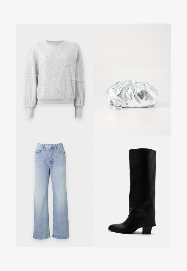 Lys grå langærmet sweatshirt med ribbede manchetter og kant, dekoreret med bølgende perleperle mønstre på fronten og ærmerne.; Lyseblå vide jeans lavet af denim, med høj talje, fem lommer og en kant med subtilt slid.; Høj sort læderstøvle med skråt syning, spids tå og kraftig mellemhøj hæl på hvid baggrund.; Metallisk sølv clutch taske med en blød, samlet krop og en tynd skulderrem. Har en glat, skinnende overflade og rund form.