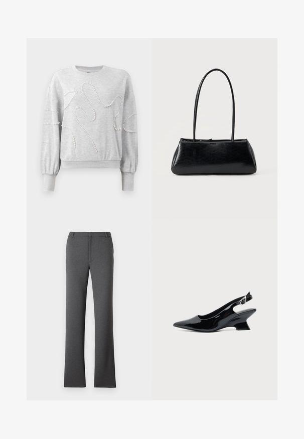 Lys grå langærmet sweatshirt med ribbede manchetter og kant, dekoreret med bølgende perleperle mønstre på fronten og ærmerne.; Grå bukser med en lige ben-design. Fremstillet af et struktureret stof, med flad front og bæltesløjfer. Ingen synlige mønstre eller hårdvarer.; Sort laklæder slingback sko med spids tå og lav vinklet blokhæl på ensartet lys baggrund.; Sort rektangulær skuldertaske med lange tynde stropper og en glat, blank tekstur på en ensfarvet baggrund.
