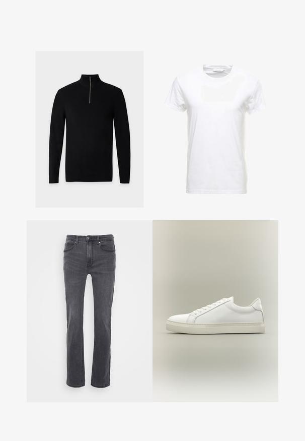Schwarzer, langärmliger, gerippter Pullover mit halbem Reißverschluss und hohem Kragen, flach auf einem einfarbigen Hintergrund dargestellt.; Weißes Baumwoll-T-Shirt mit kurzen Ärmeln, Rundhalsausschnitt und glatter Textur. Etikett am Ausschnitt sichtbar. Einfacher und klassischer Stil.; Graue Denim-Jeans mit geradem Schnitt, ausgestattet mit Fronttaschen und einem klassischen Knopfverschluss. Glatte Textur mit subtiler Ausbleichung.; Weißer Sneaker mit niedrigem Schaft, vorn mit Schnürung und dicker Sohle, aus der Seitenansicht vor neutralem Hintergrund.