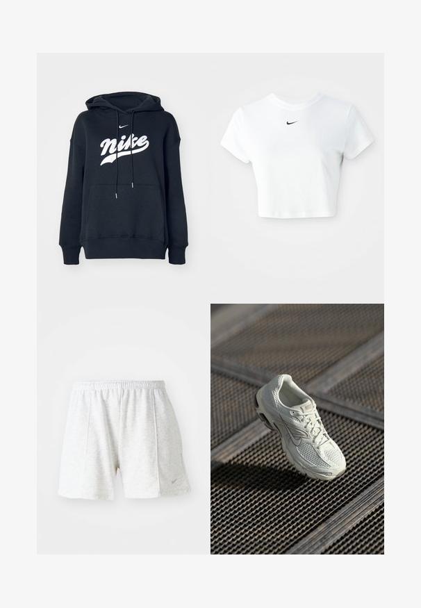 Čierna mikina s kapucňou a predným vreckom, biele logo "Nike", nastaviteľné šnúrky, rebrované manžety a spodný lem. Vyrobená z mäkkej, pohodlnej tkaniny.; Biely skrátený tričko vyrobené z bavlny, s krátkymi rukávmi a okrúhlym výstrihom, s čiernym logom Nike na hrudi.; Šedé športové šortky vyrobené z ľahkého materiálu, s elastickým pásom, prešitými detailmi a malým logom na spodnej ľavej strane.; Biele bežecké tenisky Nike s vrchom z mesh a syntetického materiálu ležiace na kovovej mriežke na podlahe v mäkkom prirodzenom svetle.