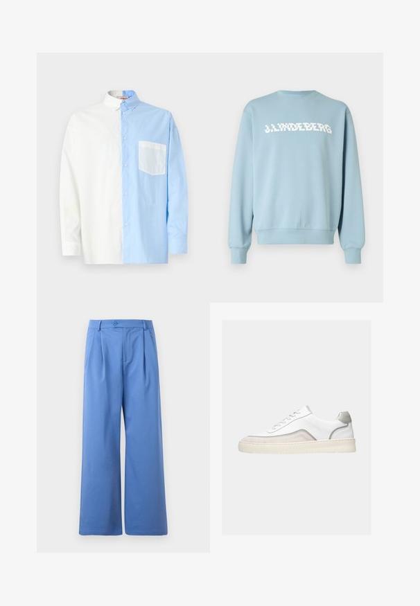 Sudadera azul claro hecha de tela suave, con un estampado de logo blanco en el frente, cuello redondo y puños y dobladillo acanalados.; Camisa abotonada con un diseño de mitad blanca y mitad azul claro. Está hecha de algodón y tiene un bolsillo de parche en el lado azul claro.; Pantalones amplios azul de tejido suave. Tiene un cierre de botón y pliegues en la parte delantera. Cintura plana y sin bolsillos.; Zapatilla deportiva blanca de corte bajo con detalles en ante beige, ribete gris, cordones blancos y una suela gruesa de goma color blanco roto, mostrada de perfil sobre un fondo claro.