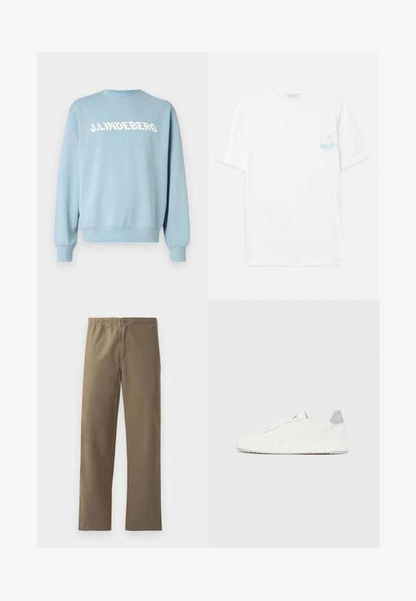 Sweatshirt bleu clair en tissu doux, avec un logo blanc imprimé sur le devant, col rond et poignets et ourlet côtelés.; T-shirt en coton blanc à manches courtes, avec un petit imprimé graphique multicolore sur le côté gauche de la poitrine représentant des vagues et le texte "Sorti du plastique".; Pantalons kaki en tissu léger. Dotés d'une taille élastique, d'une fermeture à boutons, de jambes droites et d'une texture lisse.; Baskets basses blanches avec un onglet de talon gris, des lacets blancs et une semelle texturée, présentées sur un fond uni clair.