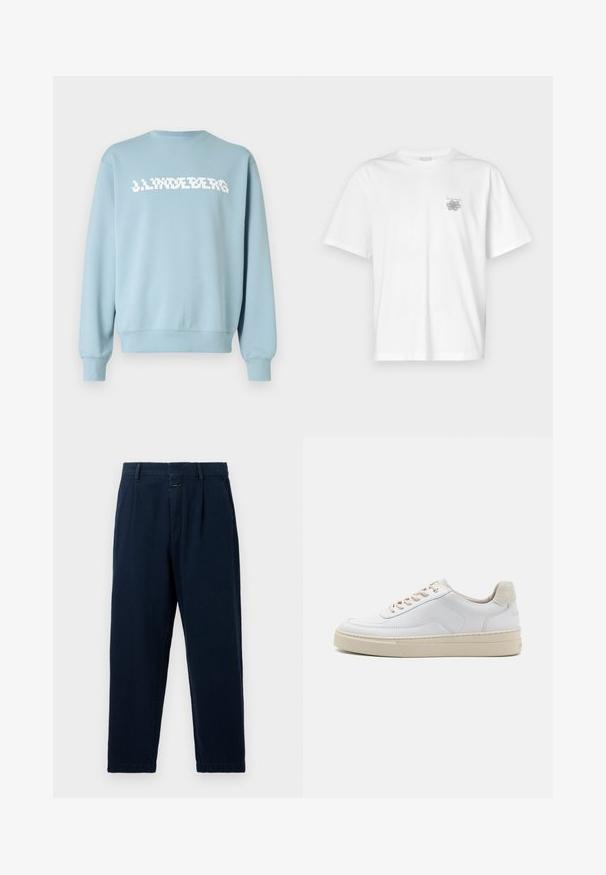 Lichtblauwe sweatshirt van zachte stof, met een witte logo-opdruk aan de voorkant, een ronde halslijn en geribbelde boorden en zoom.; Witte t-shirt van katoen met korte mouwen, een ronde hals, en een klein grijs logo op de linker borstzijde. Soepele textuur.; CLOSED BLOMBERG - Baggy jeans - dark blue; Witte sneaker met een gevoerd leren bovenwerk, beige veters en een gestructureerde beige suede hieltab. Verhoogde zool voor extra hoogte.