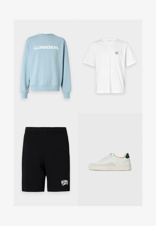 Lyseblå sweatshirt lavet af blødt stof med et hvidt logo tryk på forsiden, rund halsudskæring og ribstrikkede ærmeafslutninger og kant.; Hvid t-shirt lavet af bomuld med korte ærmer, rund halsudskæring og et lille gråt logo på venstre brystområde. Glat tekstur.; Sorte shorts lavet af blød bomuldsblanding med elastisk talje, med et hvidt logo på venstre ben og sidelommer.; Hvide sneakers med ruskindsdetaljer, rund tå, flade snørebånd og en cremet gummisål. Har grøn branding på hælen.