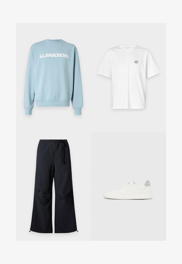 Sudadera azul claro hecha de tela suave, con un estampado de logo blanco en el frente, cuello redondo y puños y dobladillo acanalados.; Camiseta blanca de algodón con mangas cortas, cuello redondo y un pequeño logo gris en el lado izquierdo del pecho. Textura suave.; Pantalones negros de pierna ancha hechos de tela ligera. Cuentan con un cinturón, dos grandes bolsillos laterales y dobladillos ajustables con cierres de cordón.; Zapatilla blanca de corte bajo con pestaña en el talón gris, cordones blancos y suela texturizada, presentada sobre un fondo claro y liso.