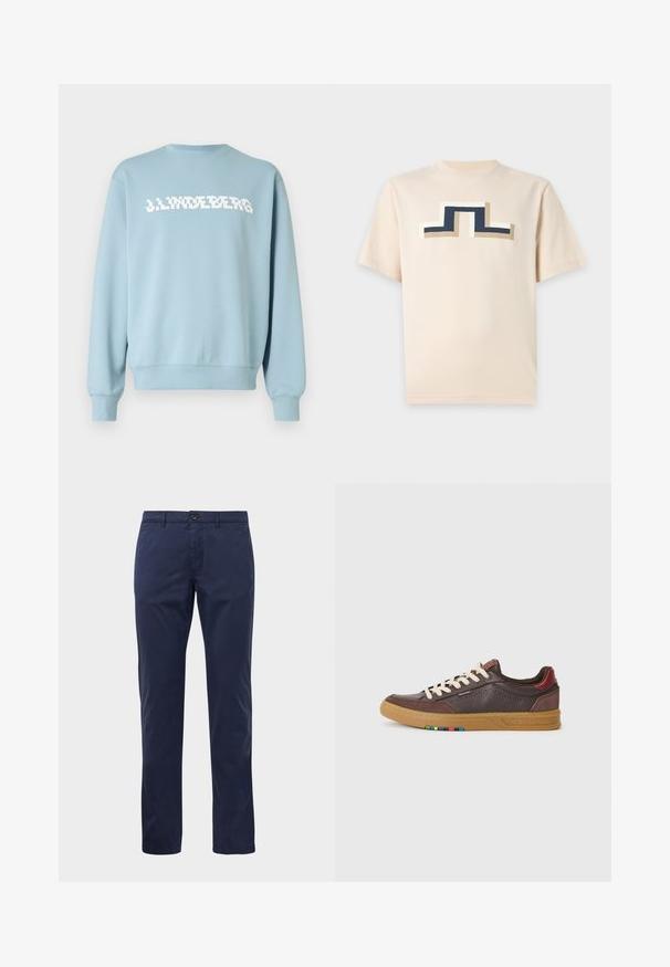 Hellblauer Pullover aus weichem Stoff, mit einem weißen Logodruck auf der Vorderseite, rundem Ausschnitt sowie gerippten Bündchen und Saum.; Beiges Kurzarm-T-Shirt mit einem geometrischen horizontalen Streifendesign in Marineblau, Weiß und Beige, zentriert auf der Brust.; Marineblaue gerade geschnittene Hose mit Knopf- und Reißverschluss, Gürtelschlaufen und seitlichen Taschen, präsentiert auf einem weißen Hintergrund.; Braune Leder Sneaker mit cremefarbenen Schnürsenkeln, kontrastierenden burgunderfarbenen Akzenten, perforiertem Design und mehrfarbigen Details an der Sohle.